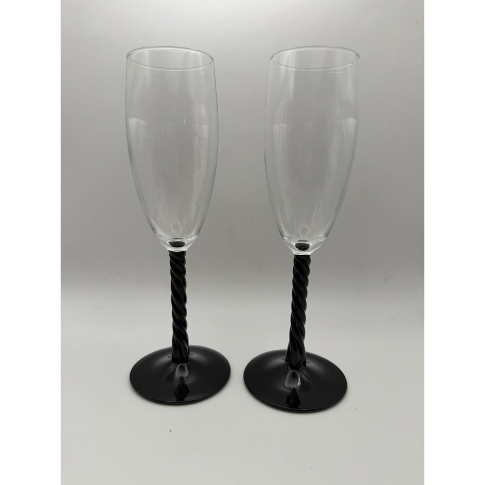 Luminarc Champagne Flutes Set of 2 Black Twisted Stem Clear Glass 8"
